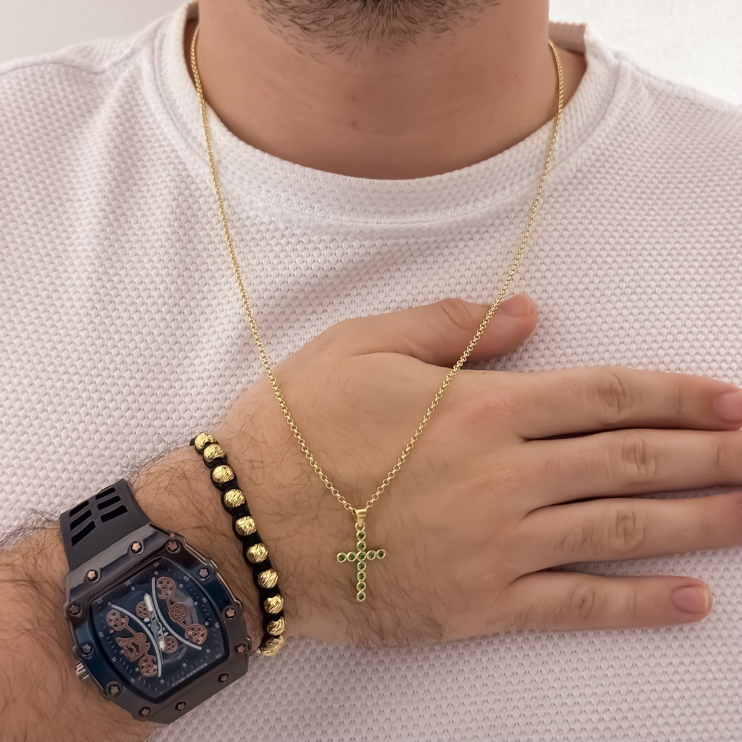 Cadena Tejido Cubana Delgada de Hombre de 60cm de 2mm + Cruz Verde Esmeralda + Pulseras en Balin Italiano de 6mm en Oro Laminado 18k con Garantia de por vida + Reloj Richar