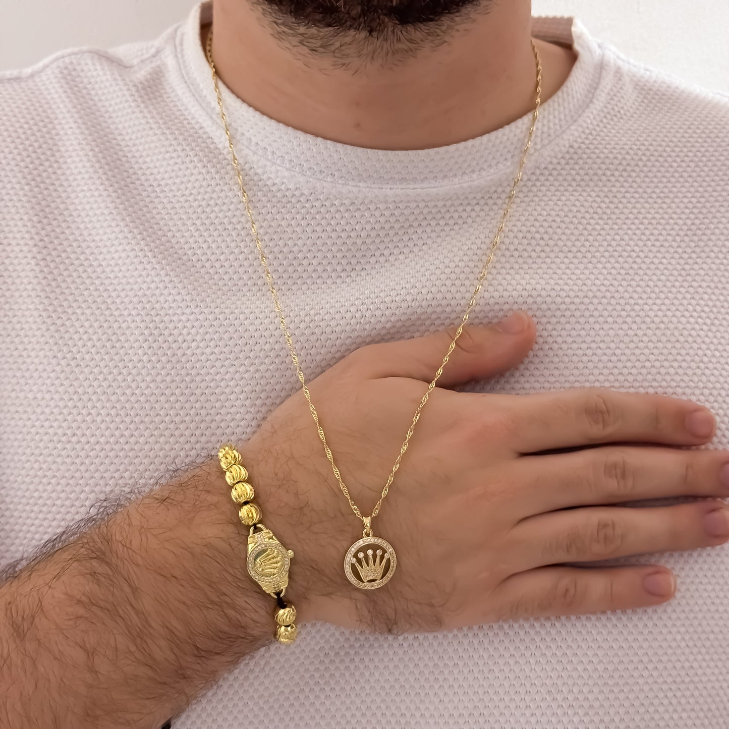 Cadena Lazo Delgado de 60cm de 2mm + Corona Rolex con Micro Circones Cristales + Pulseras balin Italiano de 8mm en Oro Laminado 18k con Garantia de por vida