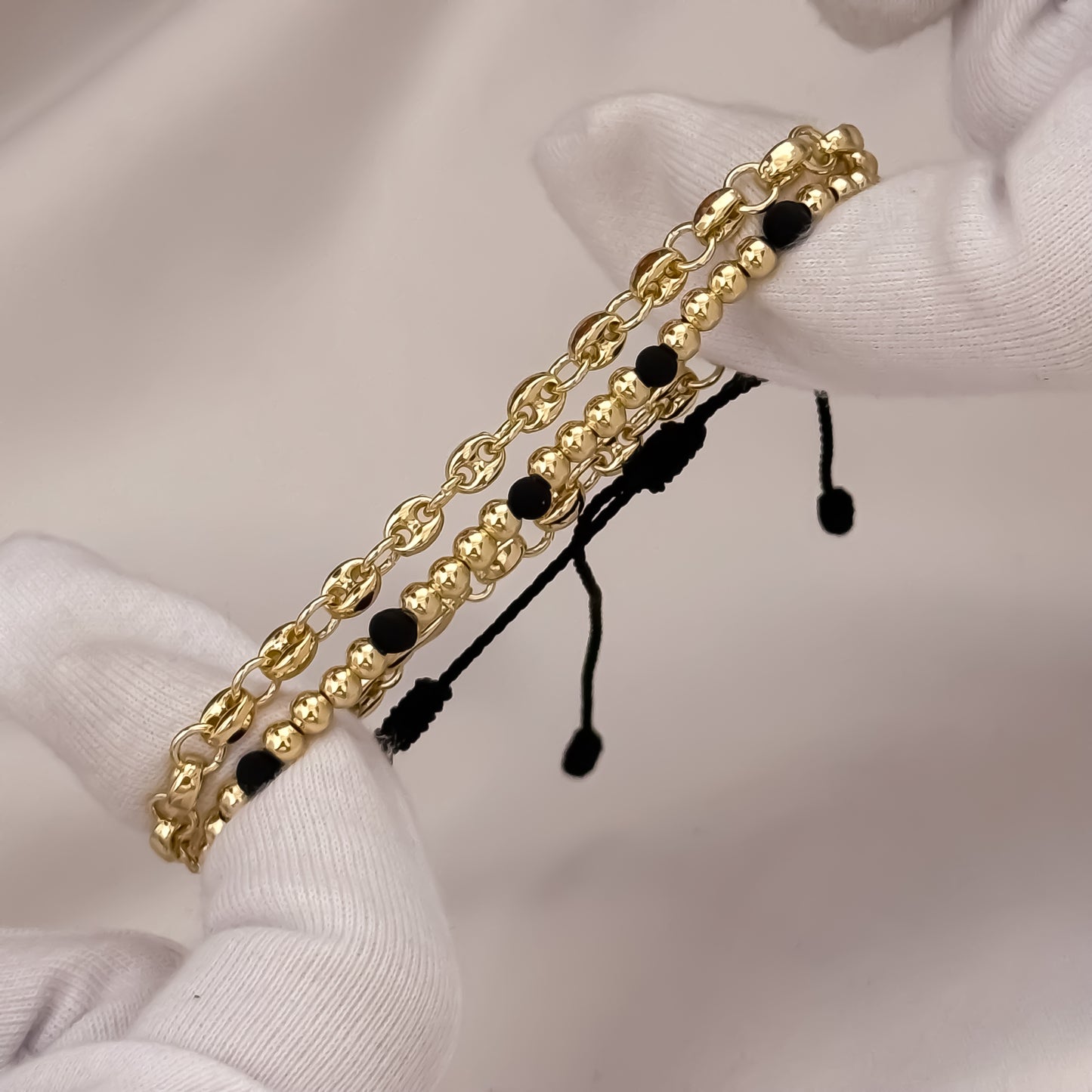 Pulseras Tejido Gucci de 18cm de 3mm + Pulseras Full Balines de 4mm y Neopreno en Oro Laminado 18k con Garantia de por vida