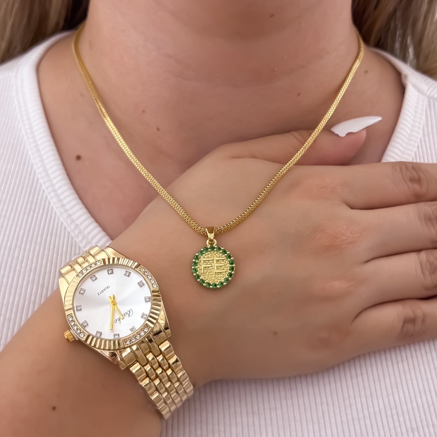 Cadena Tejido Veneciano de Dama de 45m de 3mm + Dije de Fe Verde Esmeralda + Reloj Rolex en Oro Laminado 18k con Garantía de por vida