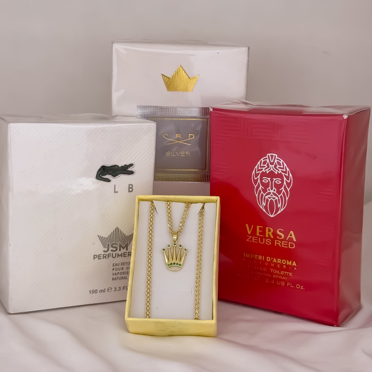 Cadena Tejido Chino de Hombre de 60cm de 3mm + Corona Rolex Micro Circones Verde en Oro Laminado 18k con Garantia de por vida + 3 Lociones Lacoste + Versa + Silver