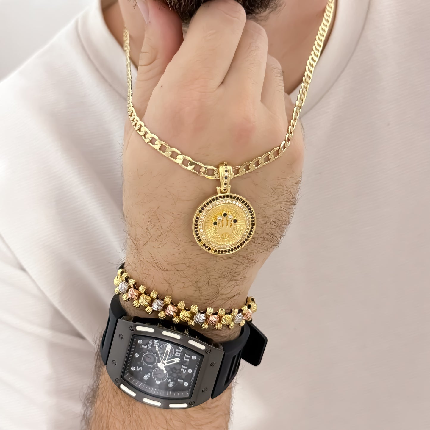 Cadena Cubana de Hombre de 60cm de 5mm + Corona Rolex + Pulseras 3 de Oros en Balin Italiano de 4mm en Oro Laminado 18k con Garantia de por vida