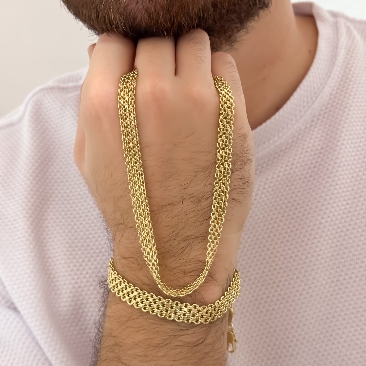 Cadena Tejido Chino Gruesa de 60cm de 6mm de Grosor + Pulsera Tejido Chino Grueso 20cm de 6mm de Grosor en Oro Laminado 18k