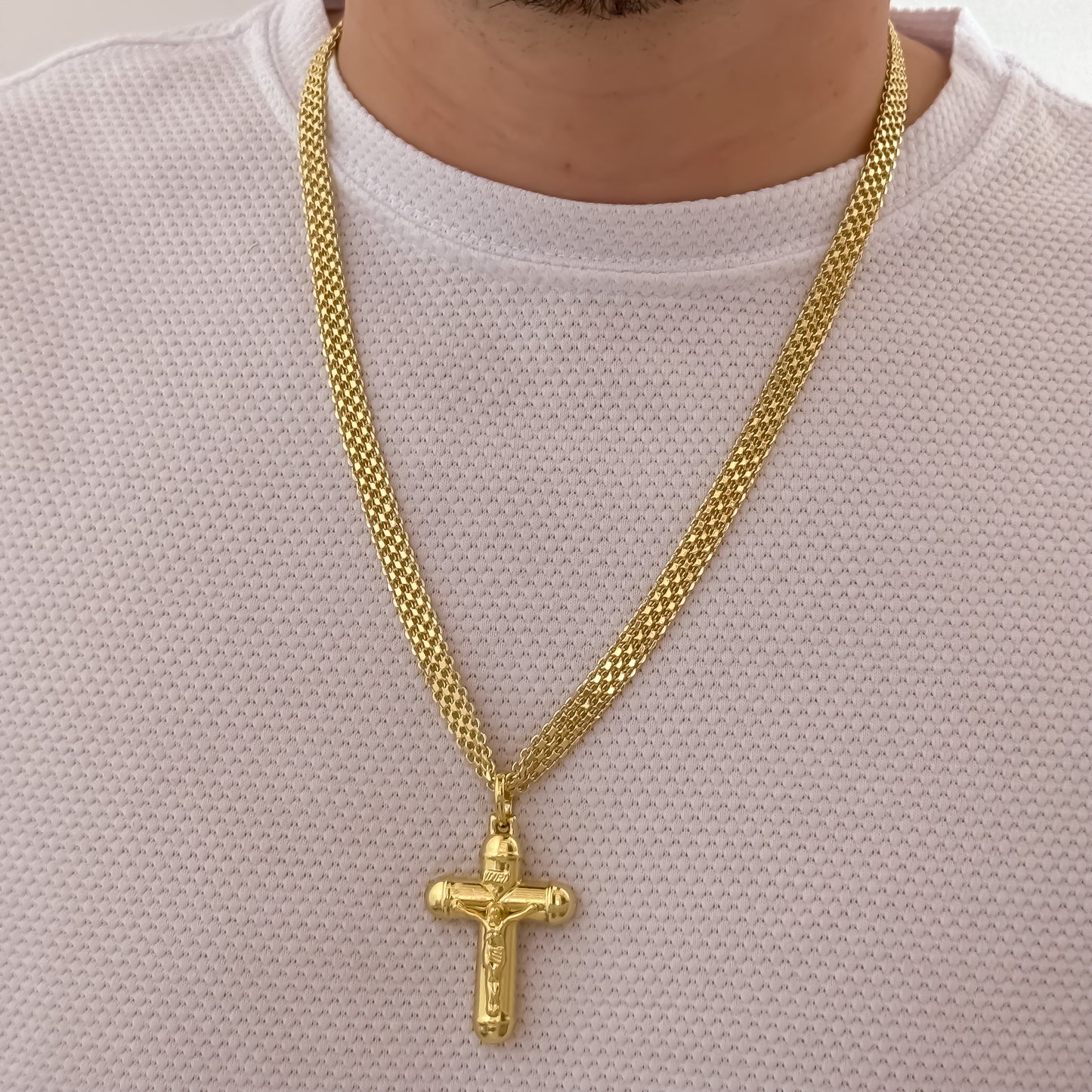 Cadena Tejido Chino gruesa de 60cm de 6mm + Cruz Cristo Madero en Oro Laminado 18k con Garantia de por vida