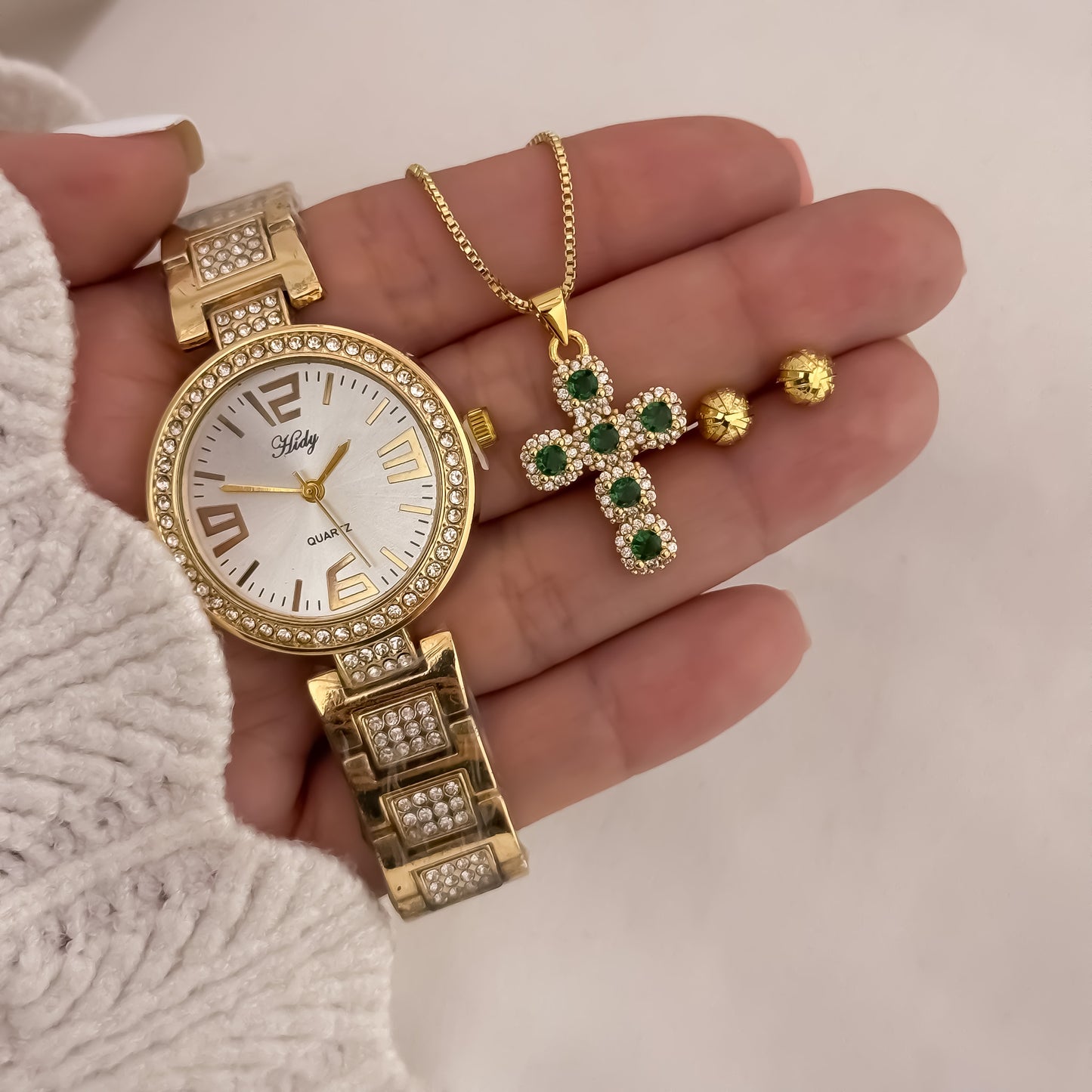 Cadena Tejido Veneciana + Cruz Verde Esmeralda + Topo Balin de 6mm Diamantado + Reloj de Dama Hilfert en Oro Laminado 18k con Garantia de por vida