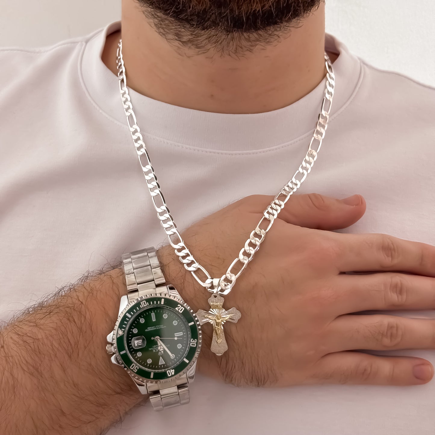 Cadena Tejido Catier de Hombre de 60cm de 5mm + Cruz Cristo Madero + Reloj Rolex en Plata 925 con Garantia de por vida