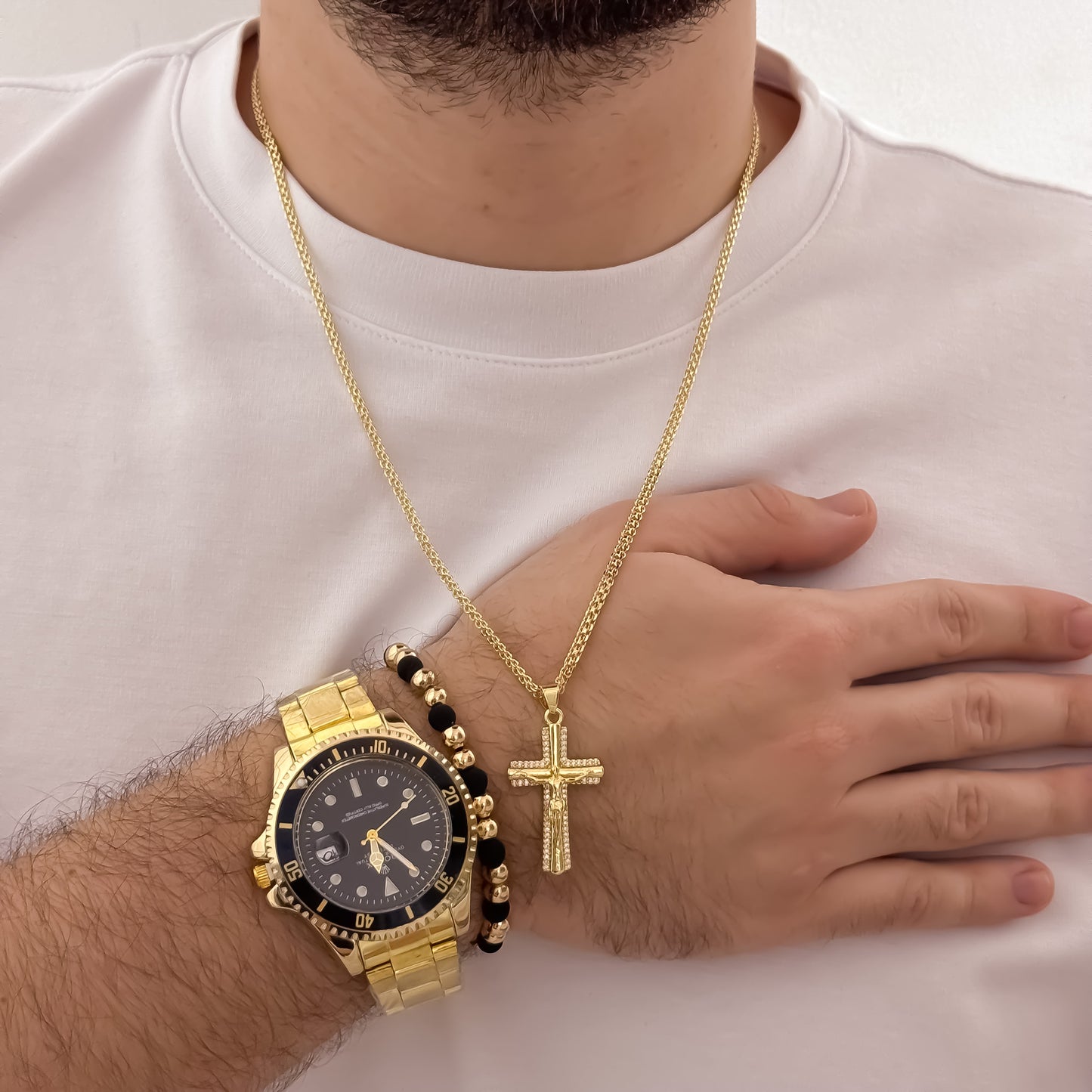 Cadena Tejido Chino de Hombre de 60cm de 3mm + Cruz Cristo Madero + Pulsera Balin de 6mm Liso + Reloj Rolex en Oro Laminado 18k con Garantia de por vida