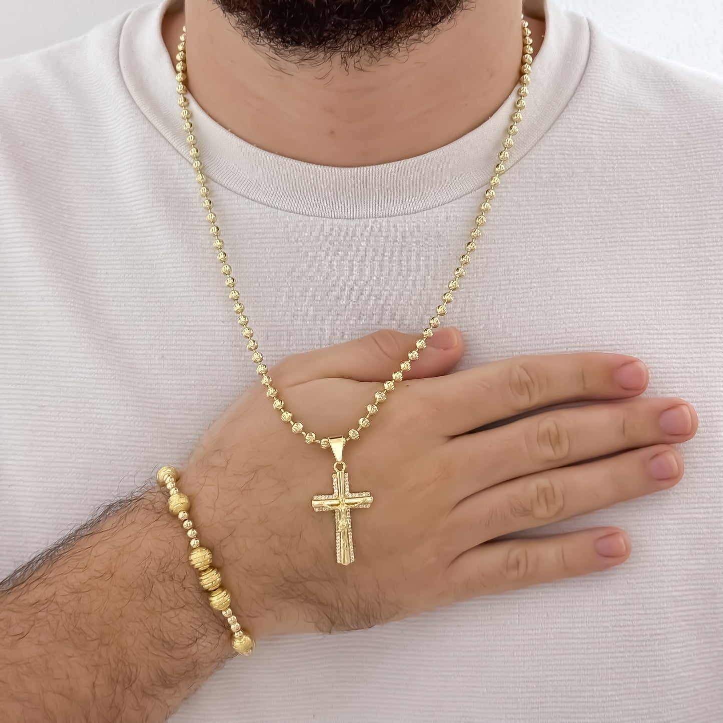 Cadena Tejido Militar Diamantada de 60cm de 4mm + Cruz Cristo Madero + Pulsera Balin Liso de 4mm y Diamantado en Oro Laminado 18k con Garantia de por vida