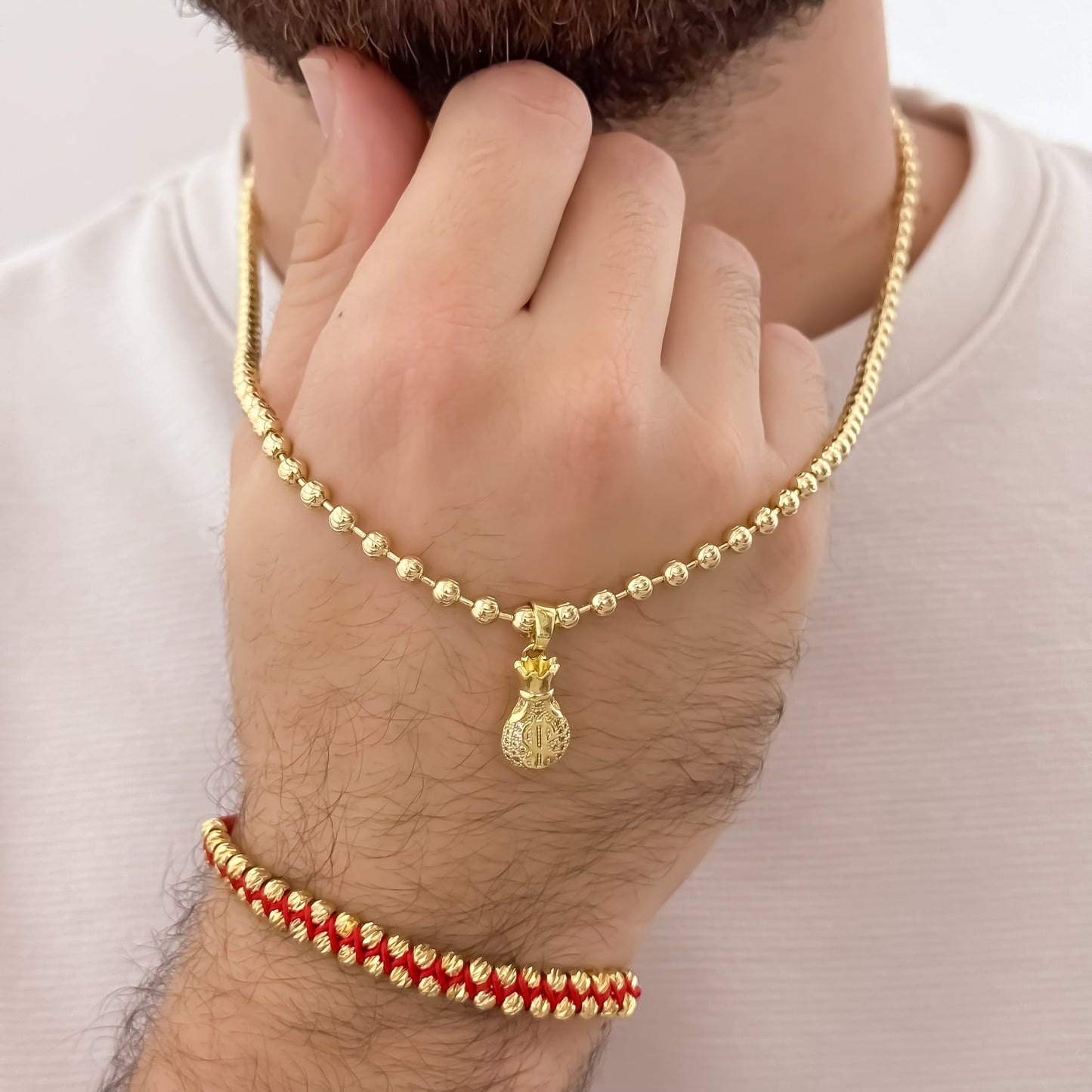 Cadena Tejido Militar de Hombre de 60cm de 4mm + Bolsa de Dinero con Micro Circones + Pulsera Doble Carril en Balin italiano de 5mm en Oro laminado 18k con Garantia de por vida