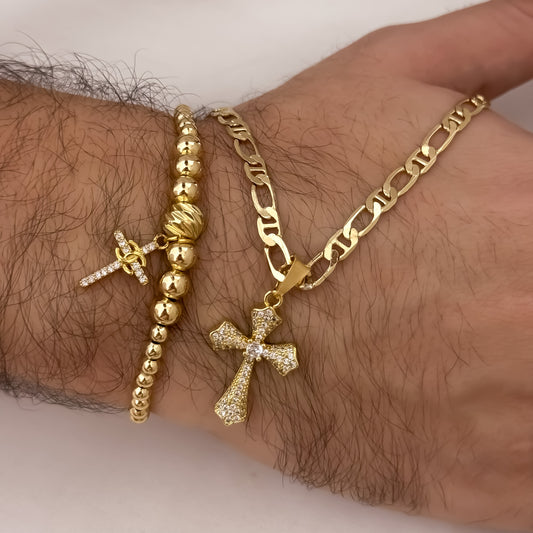 Cadena Tejido 1 x 1 de Hombre de 60cm de 5mm + Cruz Cristo Madero con Micro Circones + Pulsera Full Balines Cruz en Oro Laminado 18k con Garantia de por vida