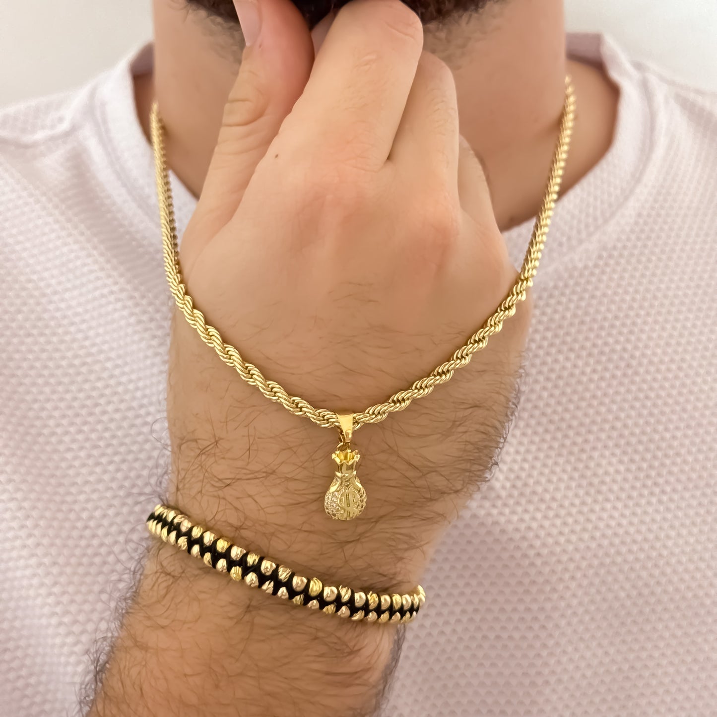 Cadena Tejido Lazo Siciliano de 60cm de 5mm + Dije de Bolsa de Dinero con Micro Circones + Pulsera Doble Carril Italiano de 5mm en Oro laminado 18k con Garantía de por vida