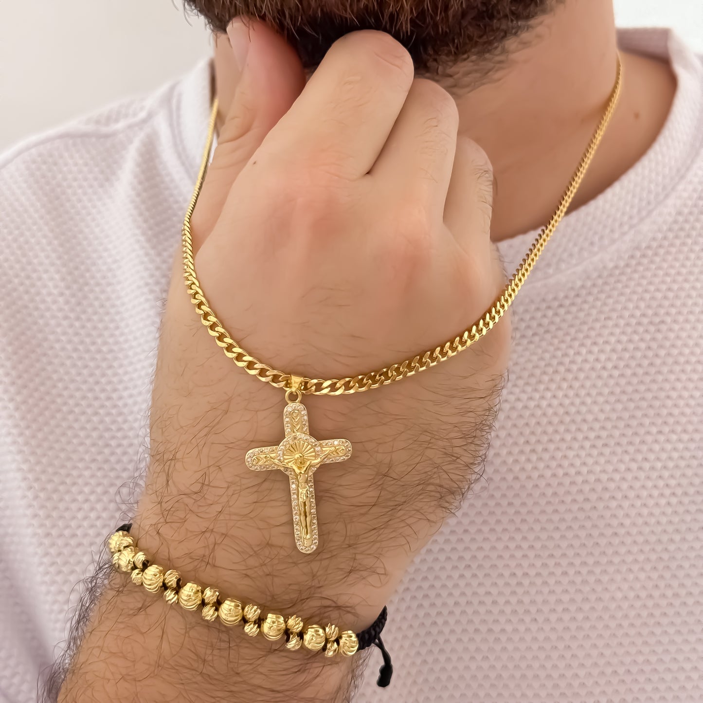 Cadena Tejido Cubana Hombre de 60cm de 3mm + Cruz San Benito con Micro circones + Pulsera Doble Carril en Balin italiano de 4mm en Oro Laminado 18k con Garantia de por vida