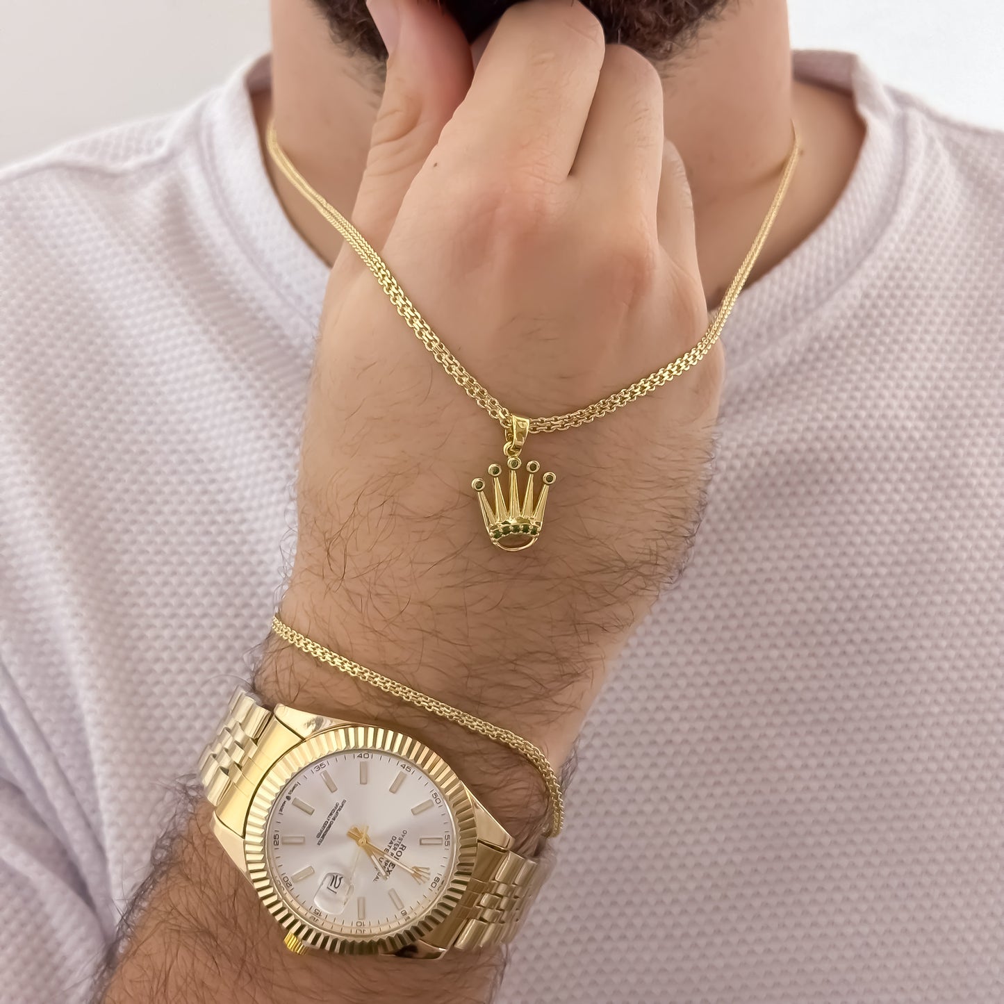 Cadena Tejido Chino Hombre de 60cm de 60cm de 3mm + Corona Rolex con Micro Circones verde + Pulsera Tejido Chino 20cm de 3mm en Oro Laminado 18k con Garantia de por vida + Reloj Rolex 1.1 con Garantía