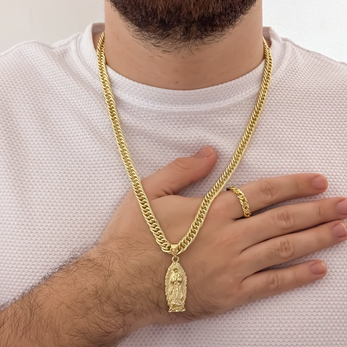Cadena Tejido Cubana Continuar de 60cm de 5mm + Virgen de Guadalupe Tallada + Anillo Tejido Cubana Continua en Oro Laminado 18k con Garantia de por vida