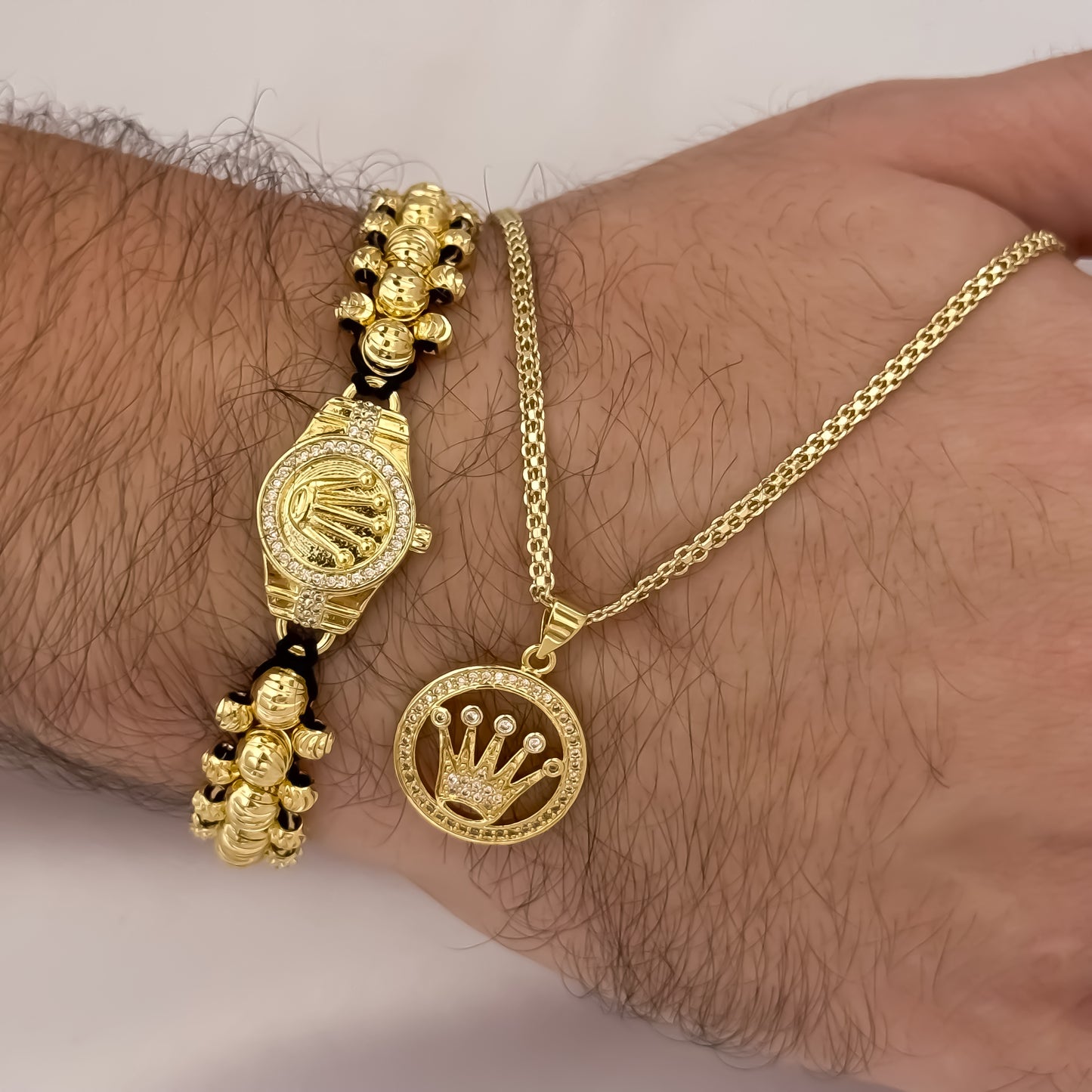 Cadena Tejido Chino de Hombre de 60cm de 5mm + Dije Corona Rolex con Micro Circones + Pulseras Balin Italiano de 5mm con Rolex en Oro Laminado 18k con Garantía de por vida