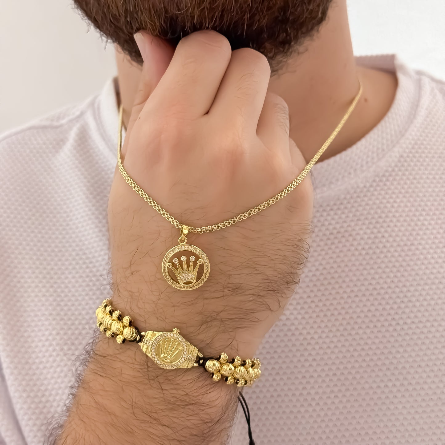 Cadena Tejido Chino de Hombre de 60cm de 5mm + Dije Corona Rolex con Micro Circones + Pulseras Balin Italiano de 5mm con Rolex en Oro Laminado 18k con Garantía de por vida