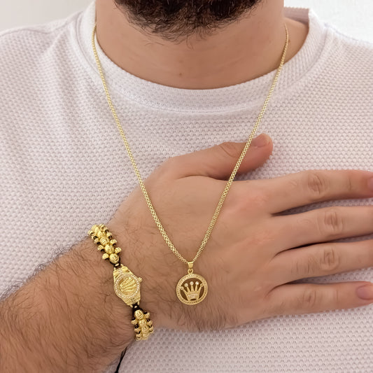 Cadena Tejido Chino de Hombre de 60cm de 5mm + Dije Corona Rolex con Micro Circones + Pulseras Balin Italiano de 5mm con Rolex en Oro Laminado 18k con Garantía de por vida