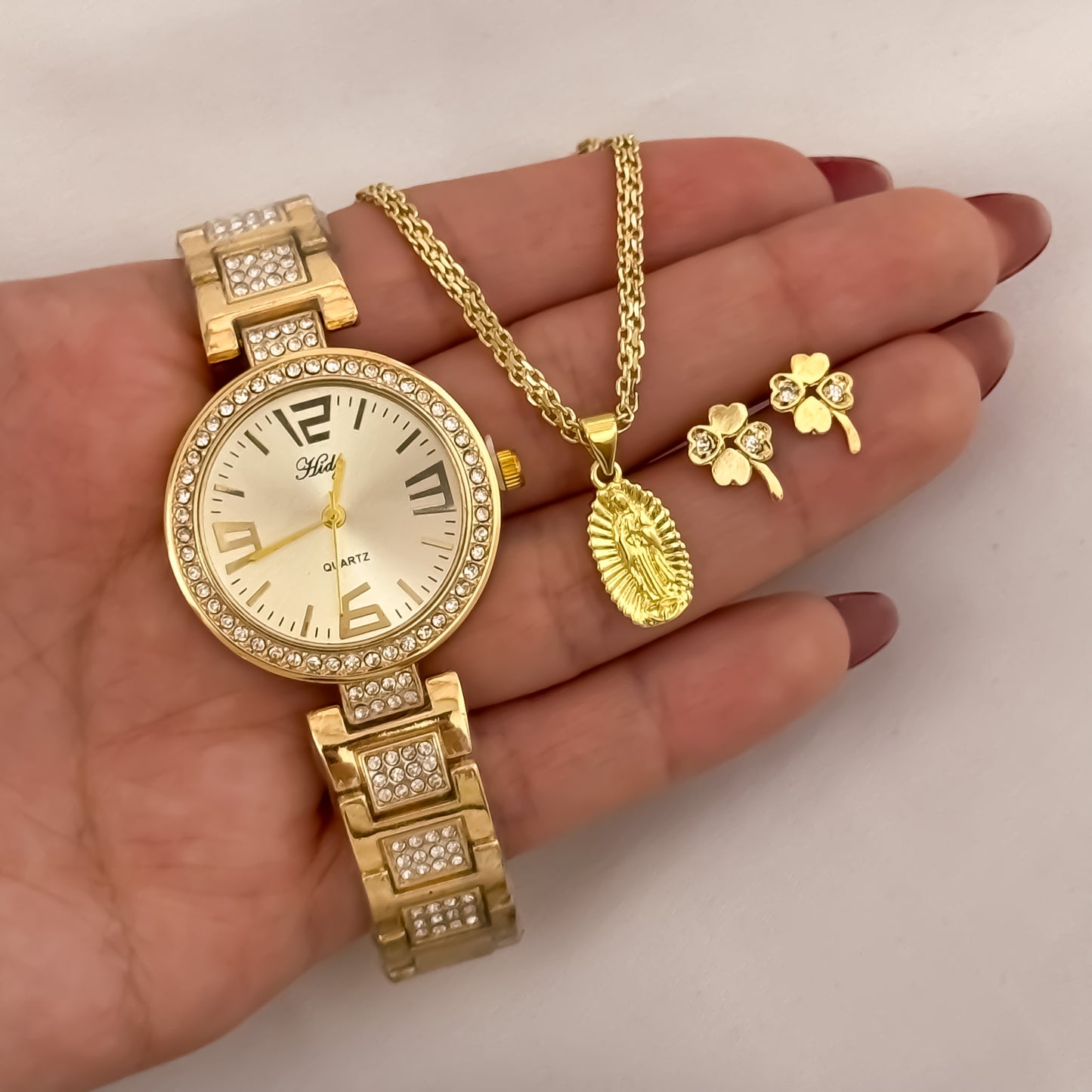 Cadena Tejido China de Dama de 45cm de 3mm + Virgen de Guadalupe + Topo Flor Trebol + Reloj de Dama Hiflter con Micro circones en Oro Laminado 18k con Garantia de por vida