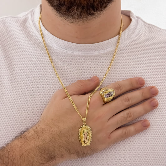 Cadena Cubana de 60cm de 3mm + Virgen de Guadalupe Tallada de Colores + Anillo Virgen de Guadalupe Talla con Micro circones Cristales de Colores en Oro Laminado 18k con Garantia de por vida
