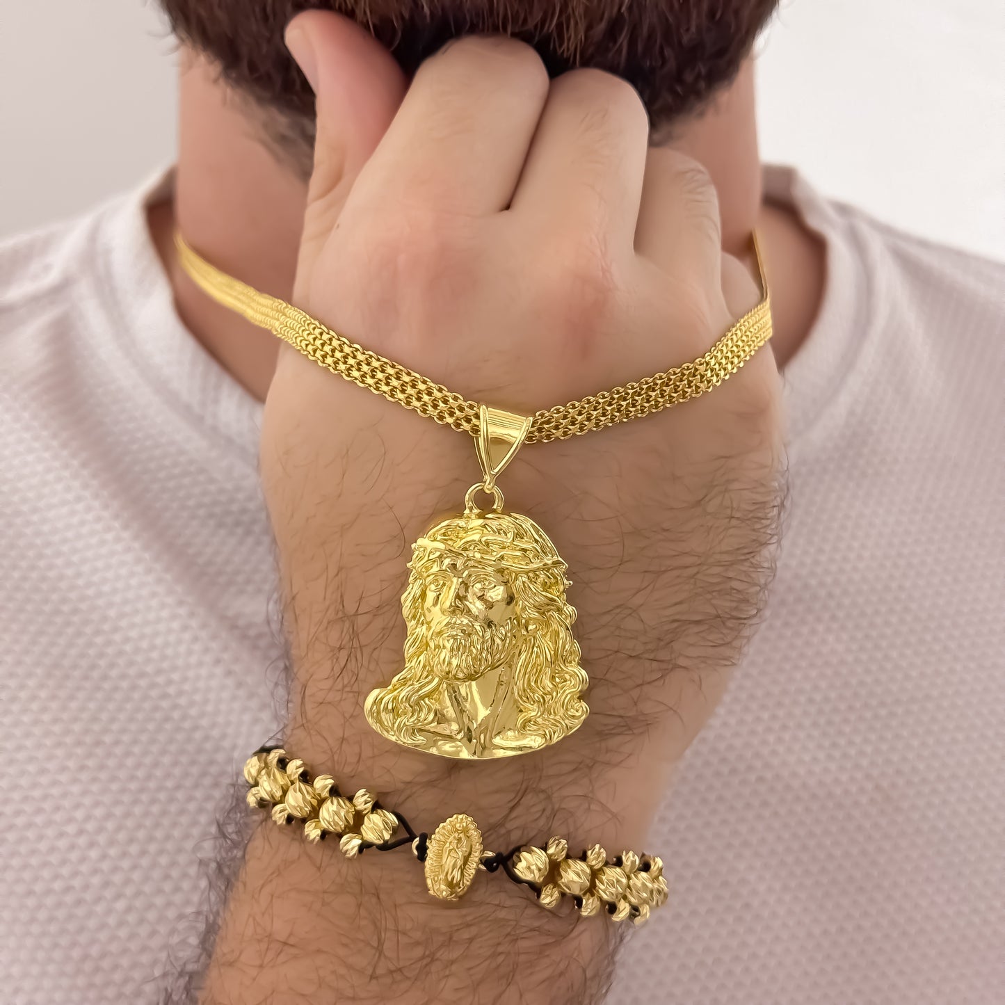 Cadena Tejido Chino Doble Carril Rostros de Jesús Tallado + Pulsera de Virgen de Guadalupe Tallada de 3 Carriles en Balin italiano de 6mm en Oro Laminado 18k con Garantia de por vida