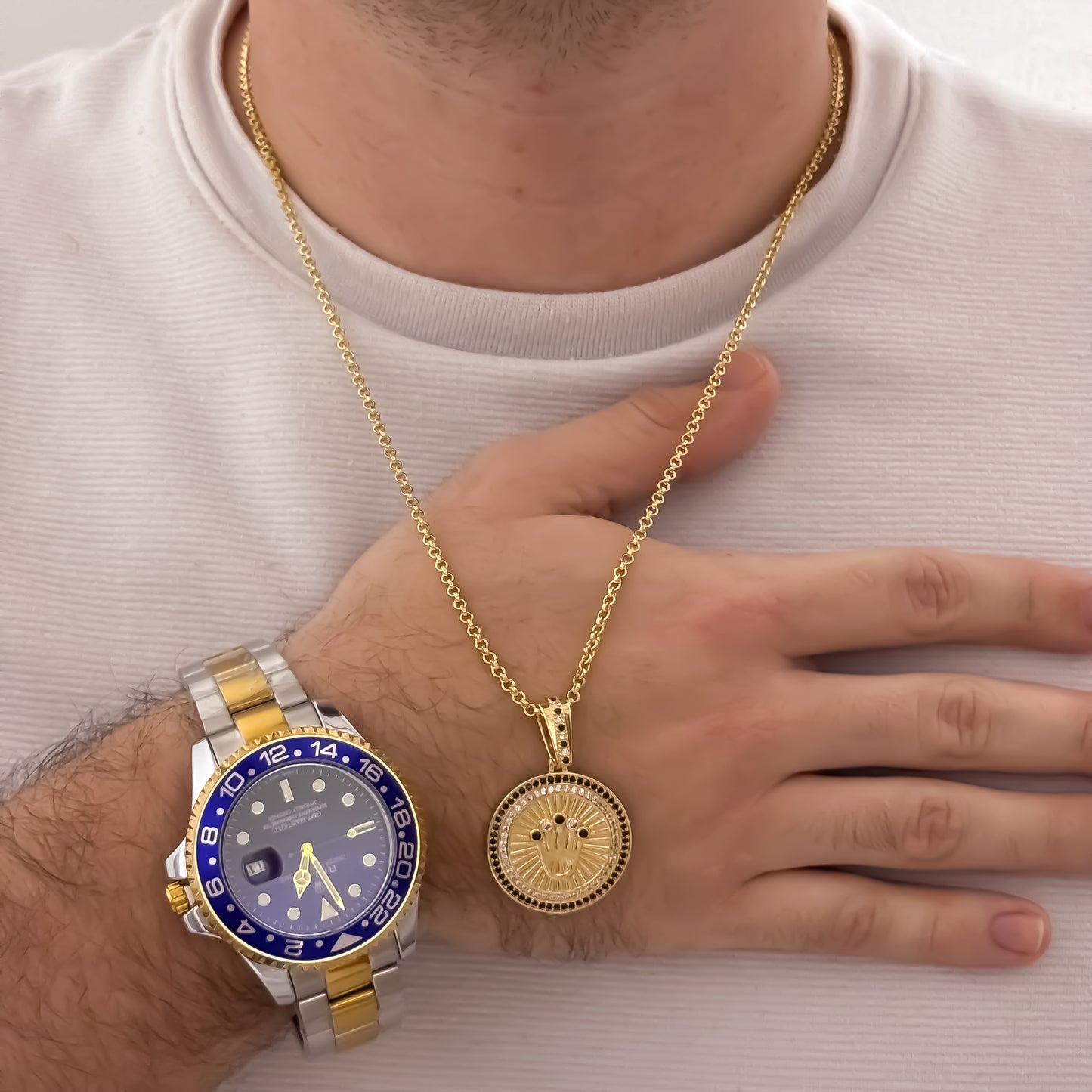 Cadena Tejido Cubana Delgada de 60cm + Rolex con Micro Circones + Reloj Bicolor Rolex Azul 1.1 en Oro Laminado 18k con Garantia de por vida