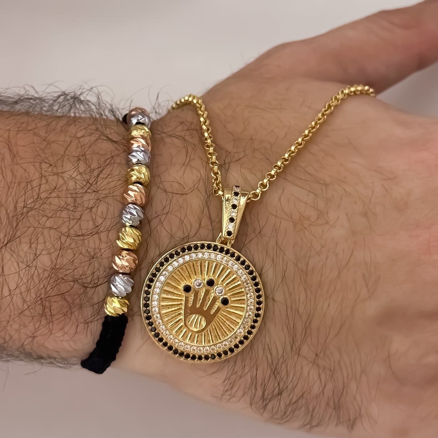 Cadena Tejido Aros de Hombre de 60cm de 2mm + Corona Rolex con Micro Circones Verde Esmeralda + Pulsera Balin Italiano de 6mm de 3OROS en Oro Laminado 18k con Garantia de por vida