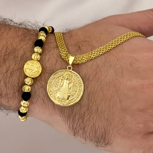 Cadena Tejido Chino  Gruesa de 60cm de 5mm + San Benito Proteccion + Pulsera San Benito en Balin Italiano de 6mm en Oro Laminado 18k con Garantia de por vida