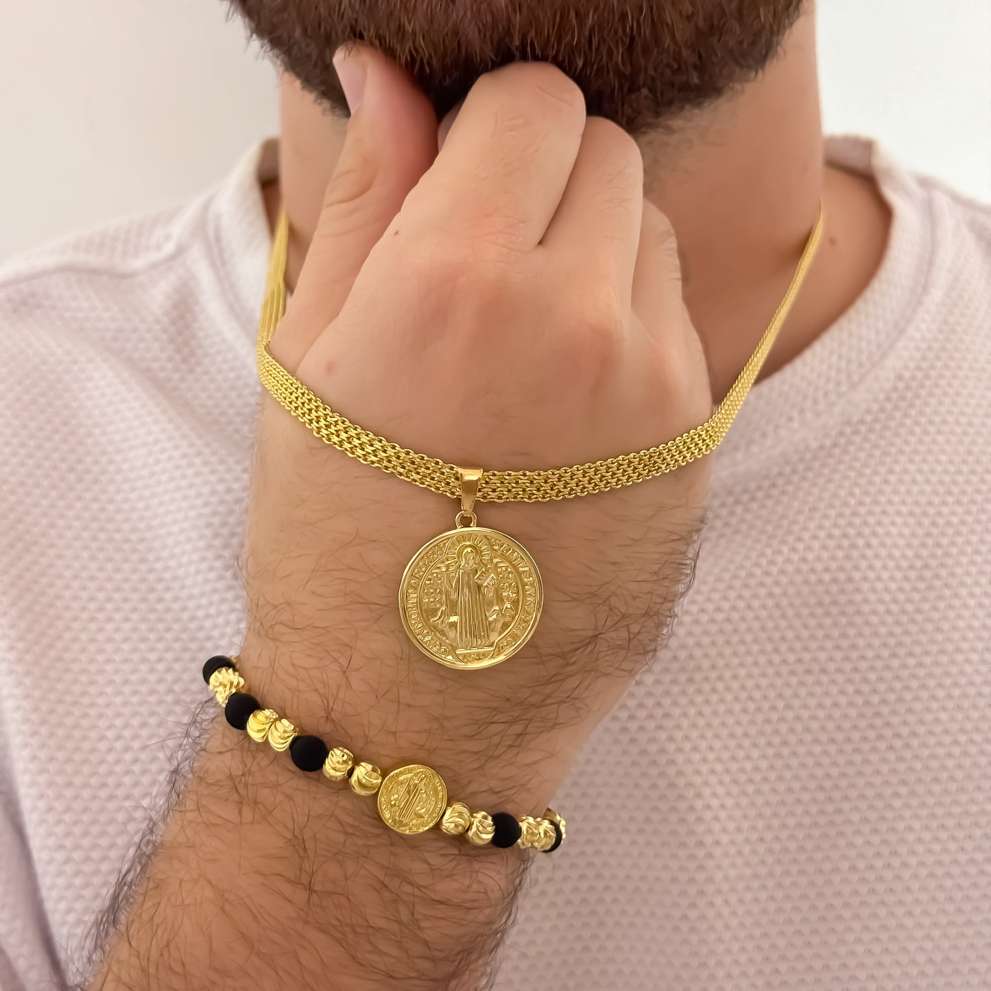 Cadena Tejido Chino  Gruesa de 60cm de 5mm + San Benito Proteccion + Pulsera San Benito en Balin Italiano de 6mm en Oro Laminado 18k con Garantia de por vida