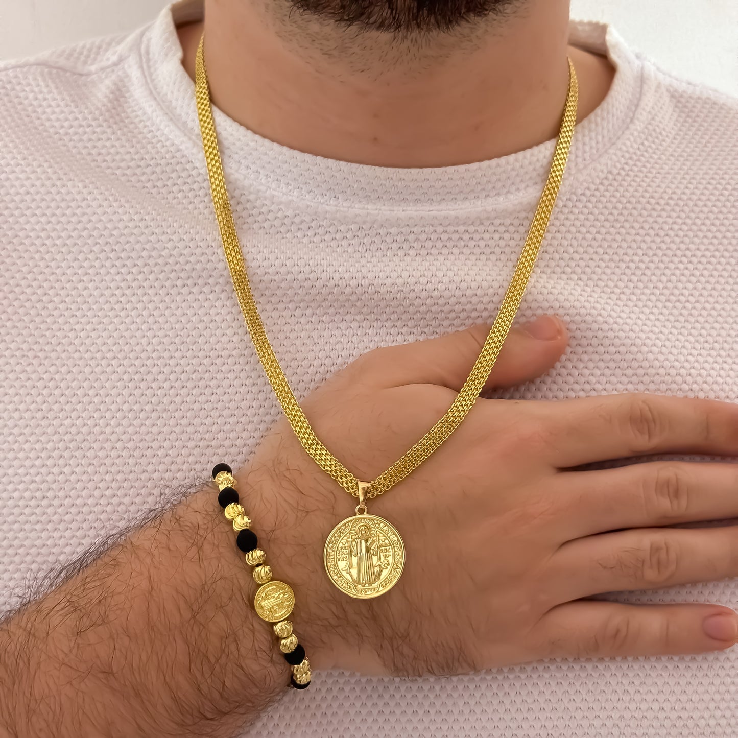 Cadena Tejido Chino  Gruesa de 60cm de 5mm + San Benito Proteccion + Pulsera San Benito en Balin Italiano de 6mm en Oro Laminado 18k con Garantia de por vida