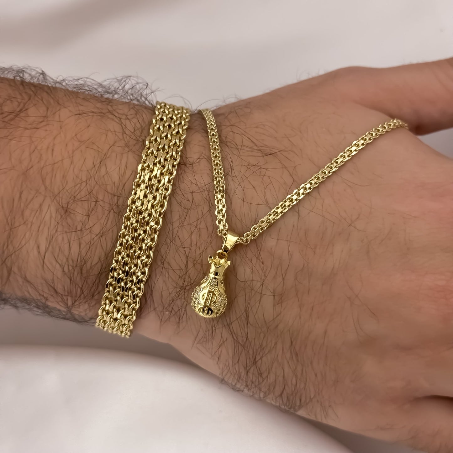 Cadena Tejido Chino de Hombre 60cm de 3mm + Dije de Bolsa de Dinero con micro circones + Pulsera Chino Gruesa de 10mm en Oro Laminado 18k con Garantia de por vida