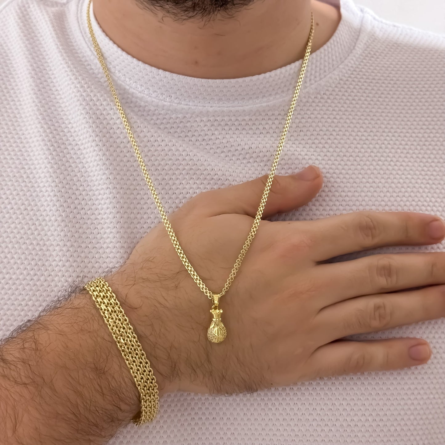 Cadena Tejido Chino de Hombre 60cm de 3mm + Dije de Bolsa de Dinero con micro circones + Pulsera Chino Gruesa de 10mm en Oro Laminado 18k con Garantia de por vida