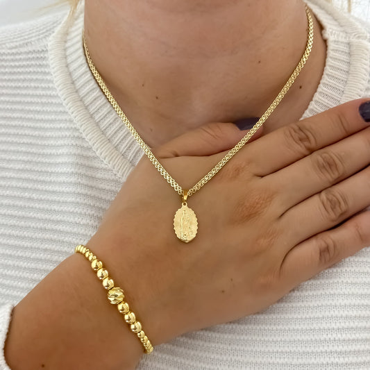 Juego de Cadena Tejido chino Dama 45cm + Virgen Guadalupe + Pulsera Full Balines de 4mm en Oro Laminado 18k