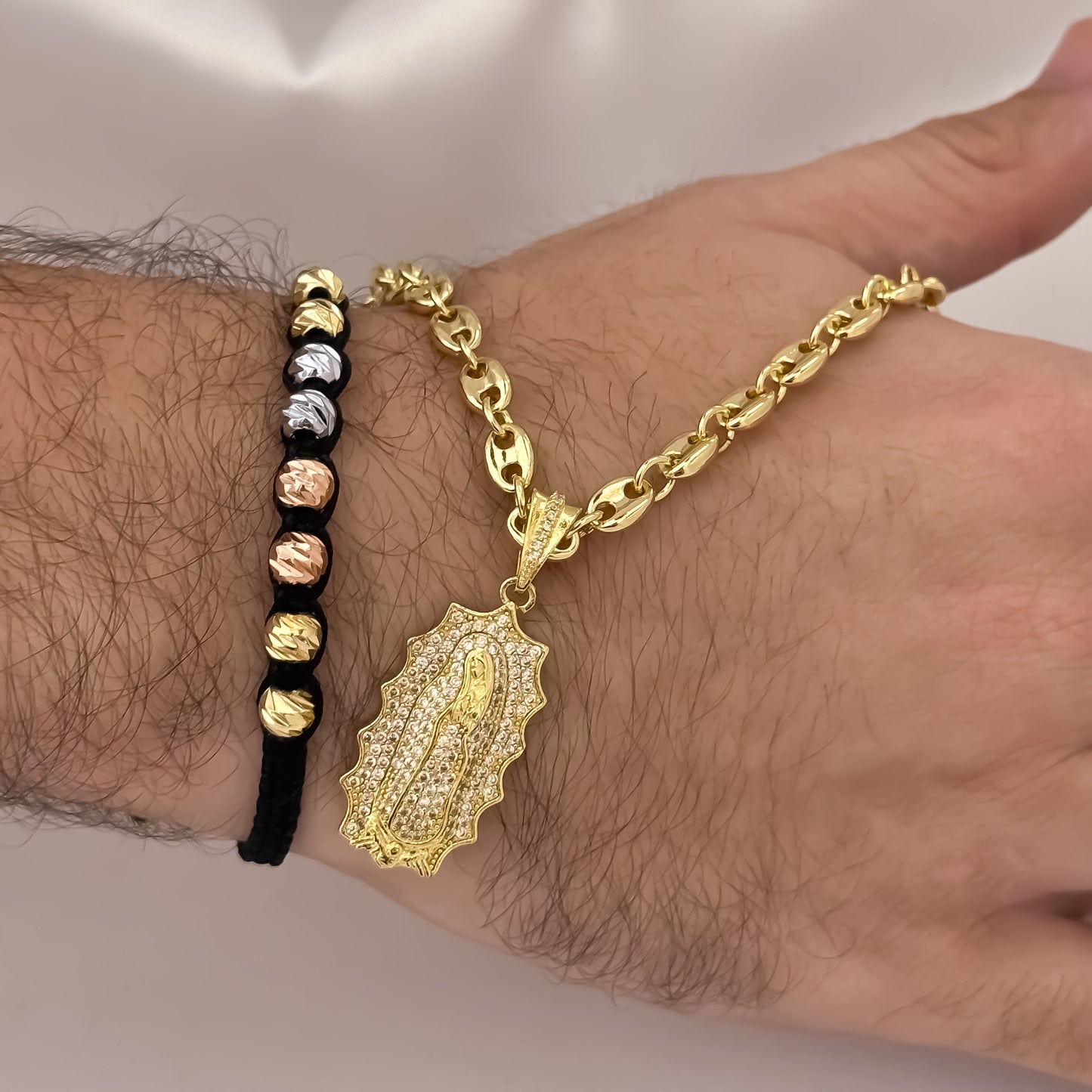 Cadena Tejido Gucci de Hombre de 60cm de 5mm + Virgen de Guadalupe Micro Circones Cristales + Pulseras de 3 OROS  Balin  Italiano en Oro Laminado 18k con Garantía de por vida