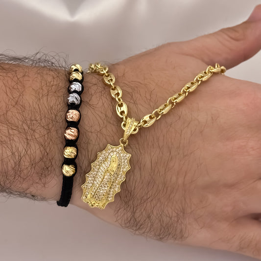 Cadena Tejido Gucci de Hombre de 60cm de 5mm + Virgen de Guadalupe Micro Circones Cristales + Pulseras de 3 OROS  Balin  Italiano en Oro Laminado 18k con Garantía de por vida