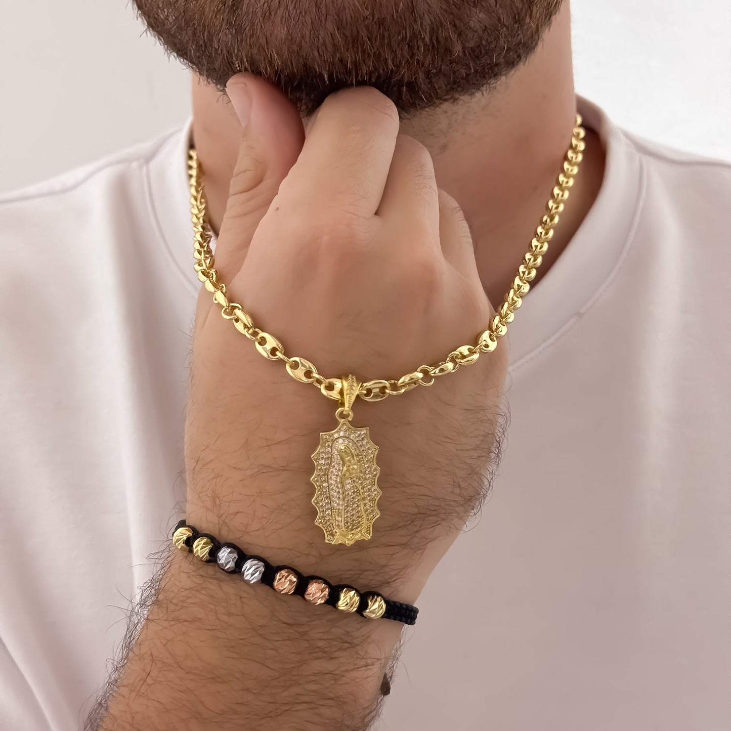 Cadena Tejido Gucci de Hombre de 60cm de 5mm + Virgen de Guadalupe Micro Circones Cristales + Pulseras de 3 OROS  Balin  Italiano en Oro Laminado 18k con Garantía de por vida