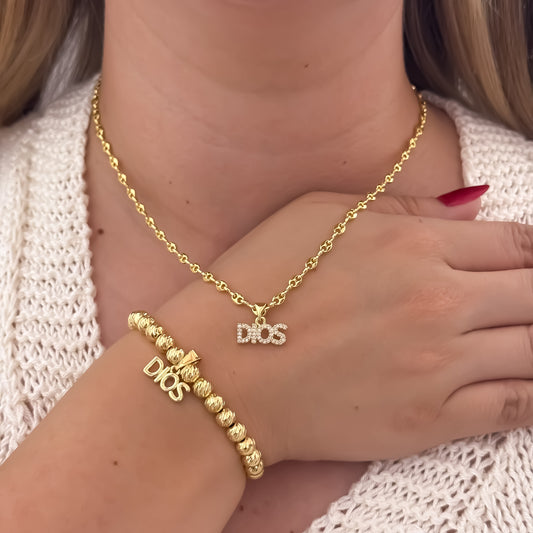 Cadena Tejido Gucci de Dama de 45cm de 3mm + Dije de Dios + Pulseras Balin Italiano con Dije de Dios en Oro Laminado 18k con Garantía de por vida