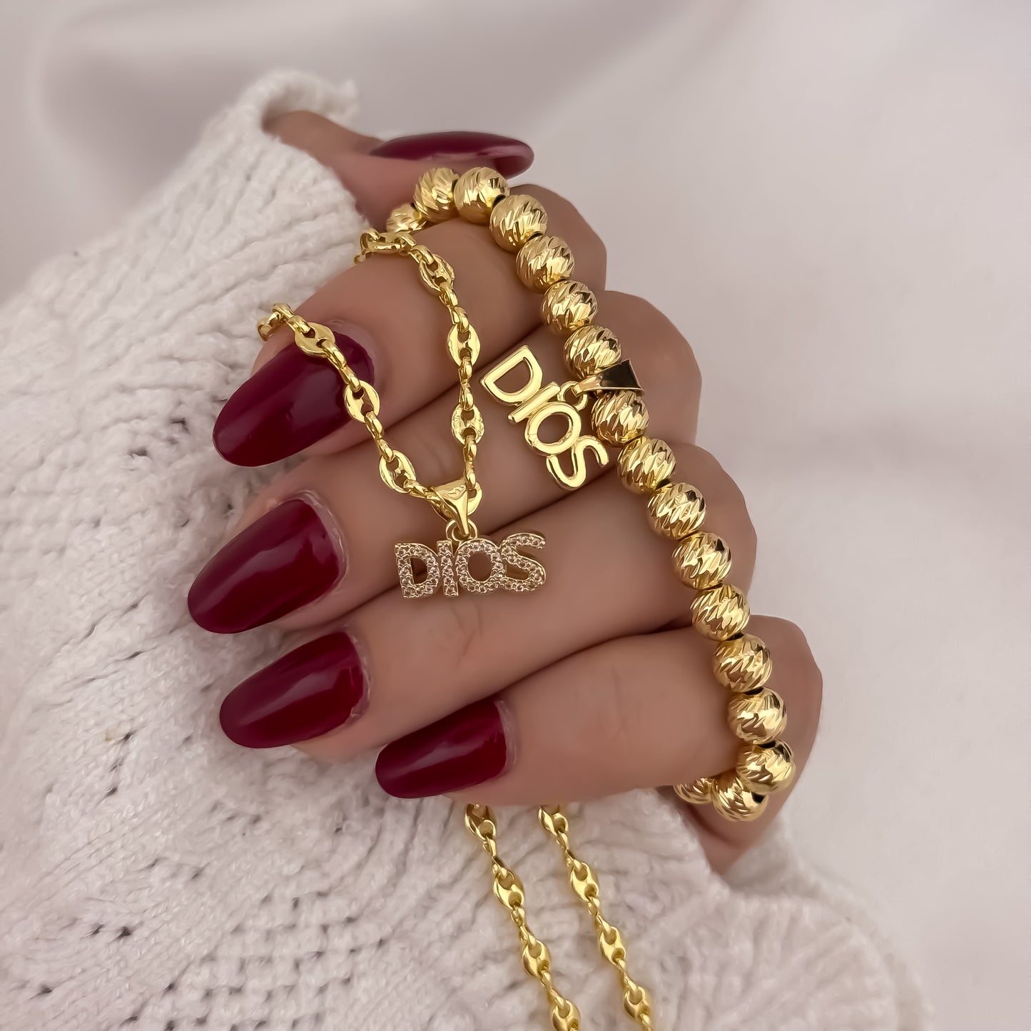 Cadena Tejido Gucci de Dama de 45cm de 3mm + Dije de Dios + Pulseras Balin Italiano con Dije de Dios en Oro Laminado 18k con Garantía de por vida