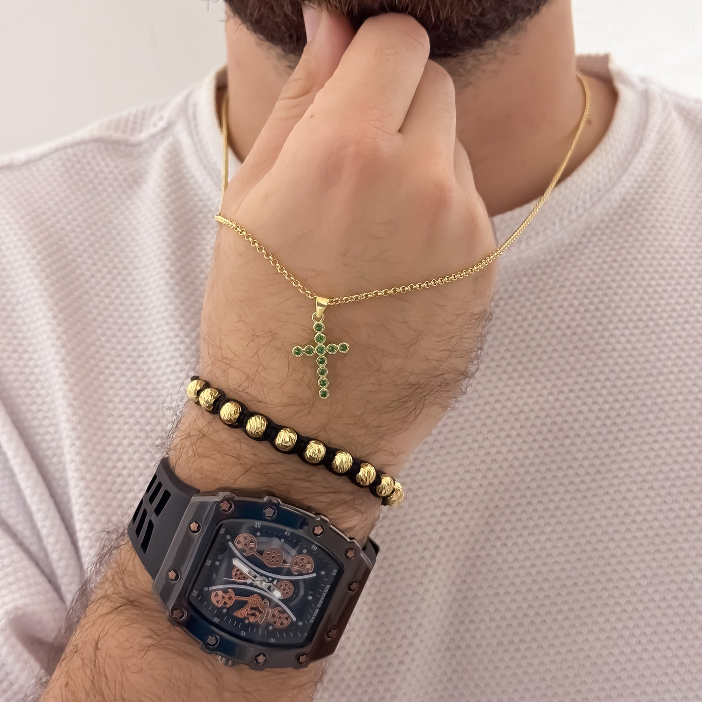 Cadena Tejido Cubana Delgada de Hombre de 60cm de 2mm + Cruz Verde Esmeralda + Pulseras en Balin Italiano de 6mm en Oro Laminado 18k con Garantia de por vida  + Reloj Richar