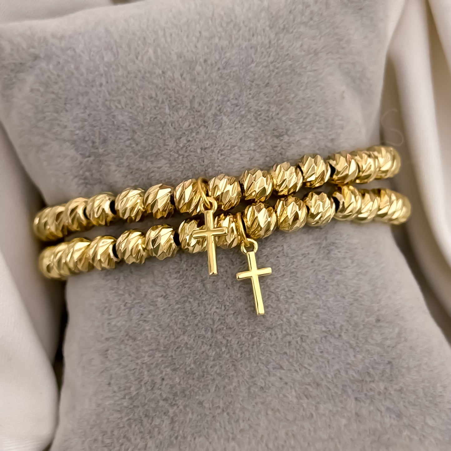 Pulseras para Parejas en Balin Italino de 6mm con Dije de Cruz en Oro Laminado 18k con Garantía de por vida