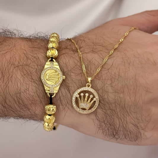 Cadena Lazo Delgado de 60cm de 2mm + Corona Rolex con Micro Circones Cristales + Pulseras balin Italiano de 8mm en Oro Laminado 18k con Garantia de por vida