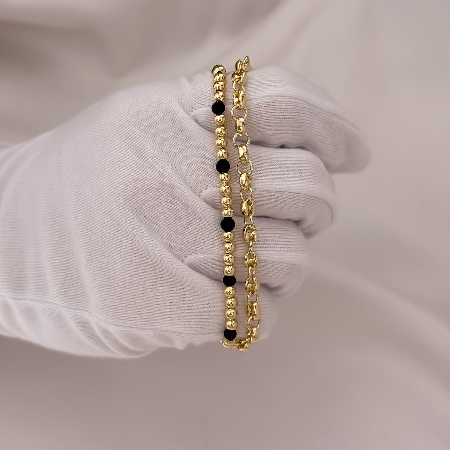 Pulseras Tejido Gucci de 18cm de 3mm + Pulseras Full Balines de 4mm y Neopreno en Oro Laminado 18k con Garantia de por vida