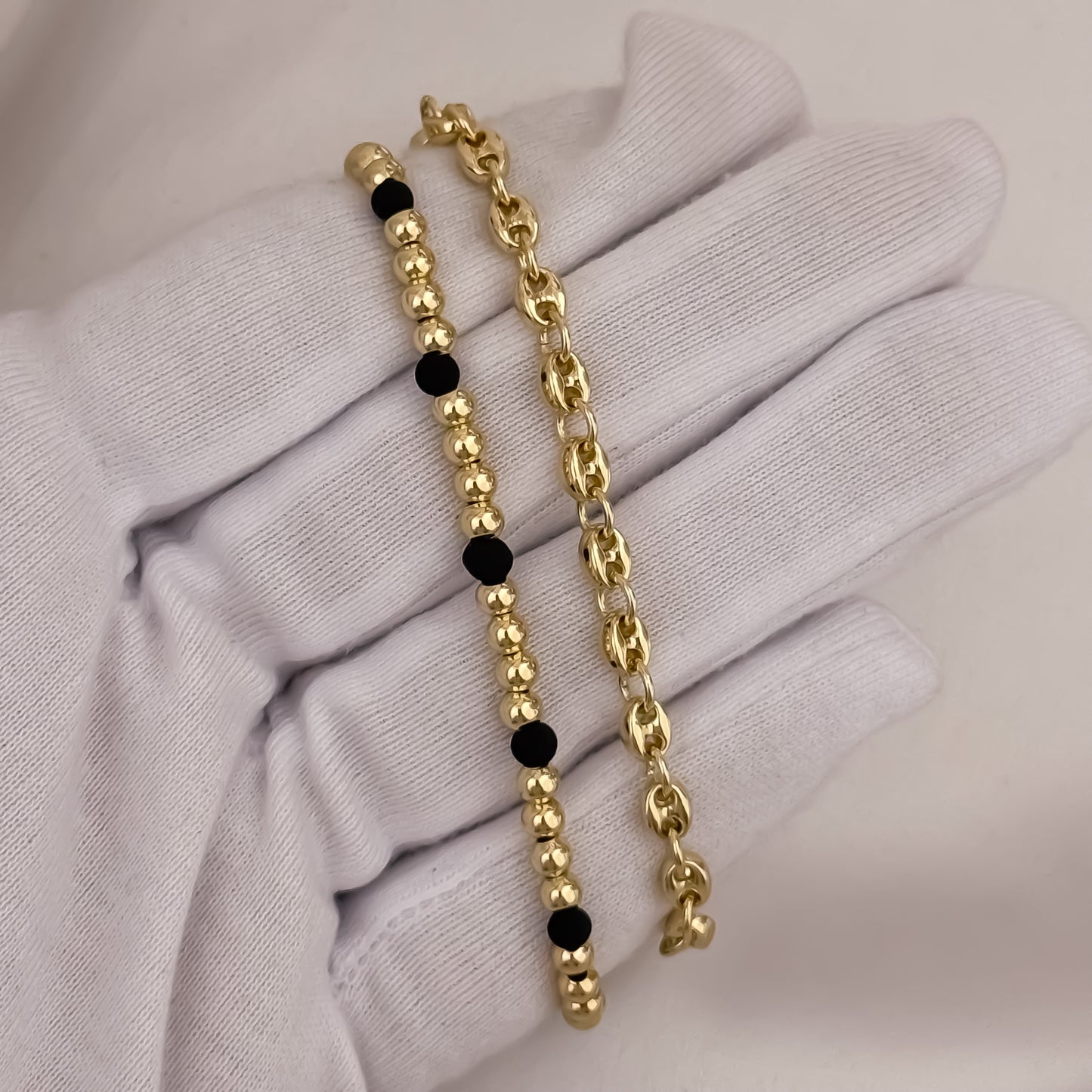 Pulseras Tejido Gucci de 18cm de 3mm + Pulseras Full Balines de 4mm y Neopreno en Oro Laminado 18k con Garantia de por vida