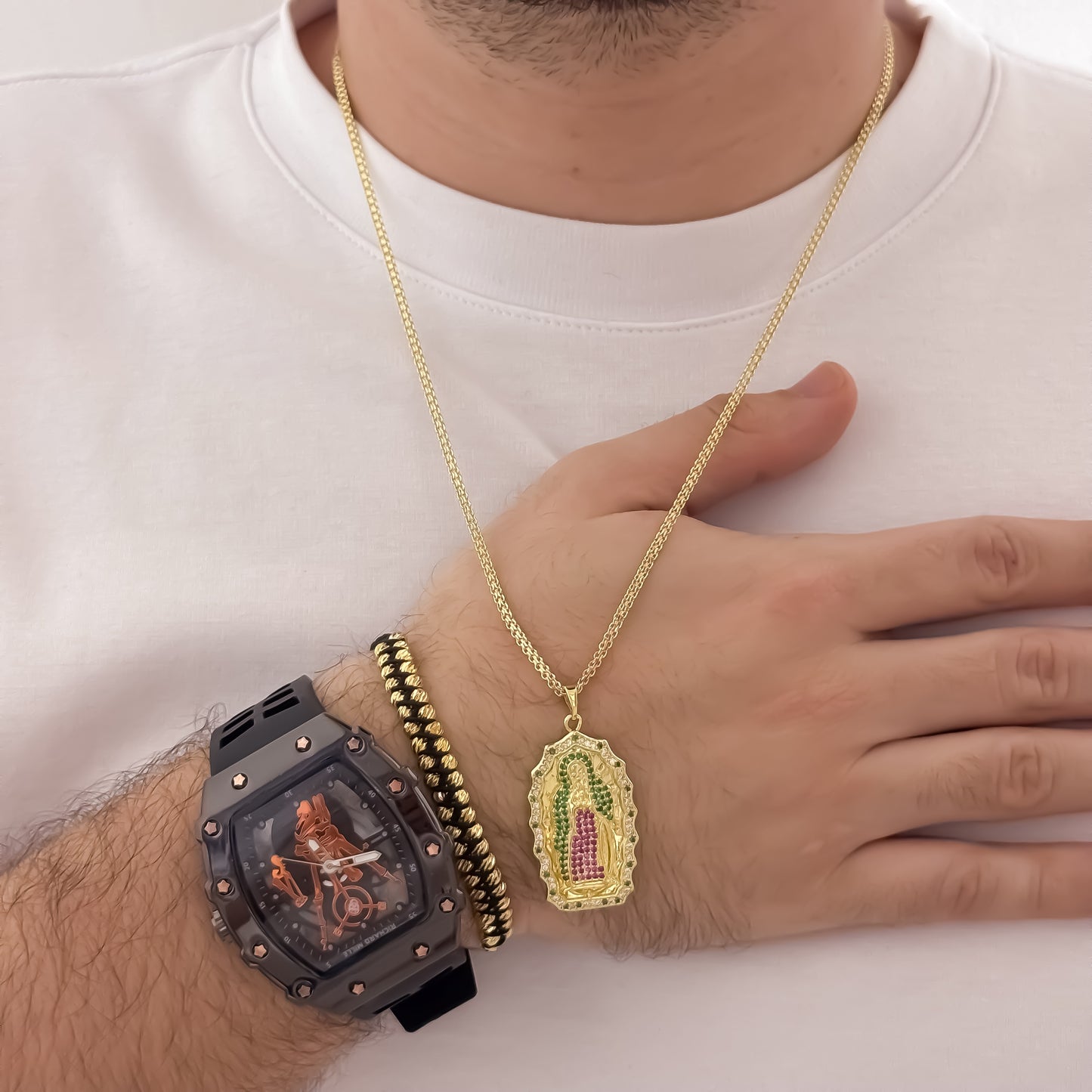 Cadena Tejido Chino de Hombre de 60cm de 3mm + Virgen de Guadalupe Tallada Circones Verde + Pulsera Doble Carril Balin Italiano de 4mm + Reloj Richard en Oro Laminado 18k con Garantia de por vida