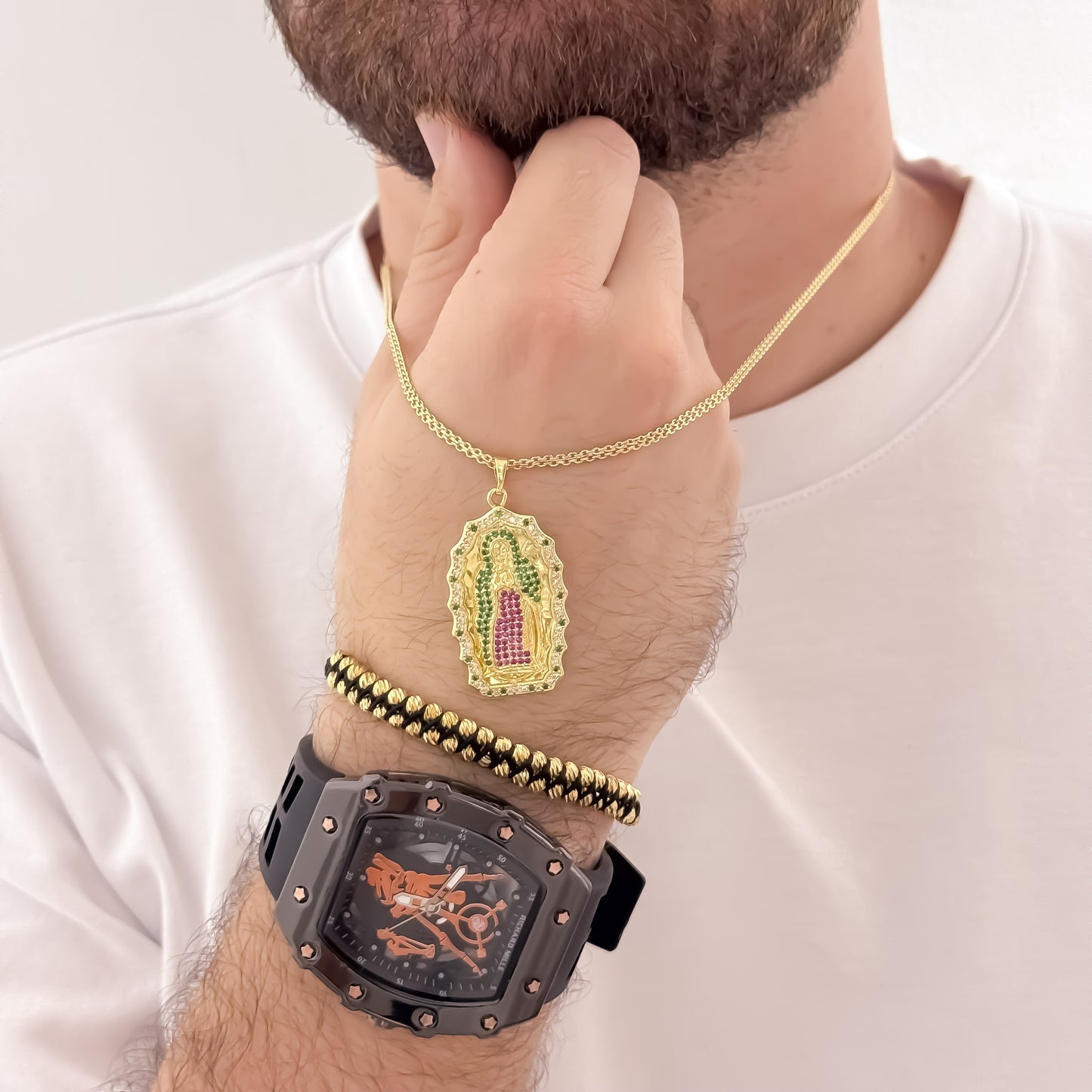Cadena Tejido Chino de Hombre de 60cm de 3mm + Virgen de Guadalupe Tallada Circones Verde + Pulsera Doble Carril Balin Italiano de 4mm + Reloj Richard en Oro Laminado 18k con Garantia de por vida