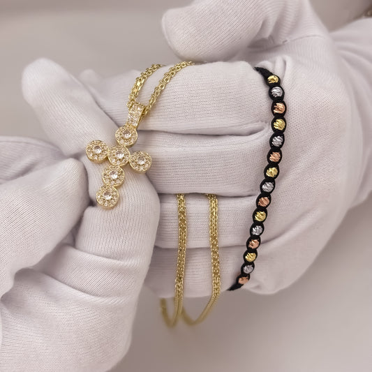 Cadena Tejido Chino de Dama de 45cm + Cruz con Micro Circones Cristales + Pulseras de 3 Oros en Balin Italiano de 4mm en Oro Laminado 18k Suizo con Garantía de por vida