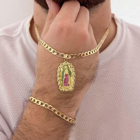 Conjunto Cubano Para Caballero Cadena de 60cm de 5mm + Virgen de Guadalupe Tallada colores + Pulseras de 20cm de 5m  en Oro Laminado 18k con Garantia de por vida