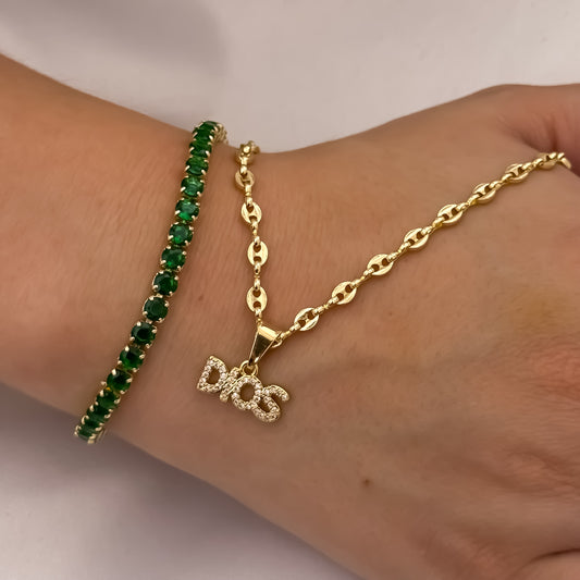 Cadena Tejido Gucci de Dama de 45cm de 3mm + Dije de Dios Micro Circones + Pulsera Tennis verde Esmeralda en Oro Laminado 18k con Garantia de por vida