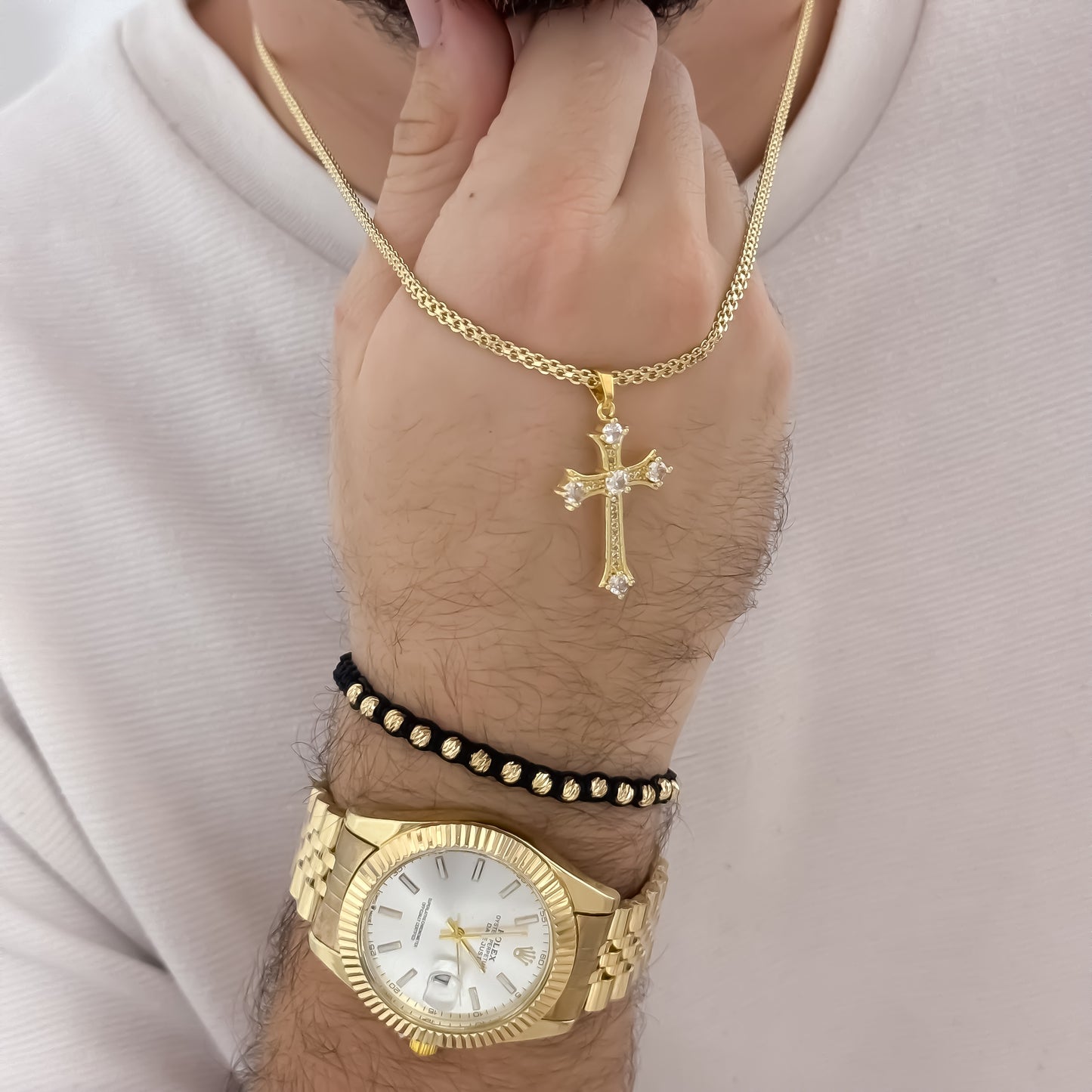 Cadena Tejido Chino de Hombre de 60cm de 3mm + Cruz Cristo Micro Circones  Cristales + Pulseras BalinItaliano de 4mm en  Oro Laminado 18k con Garantia de por vida + Reloj Rolex 1.1