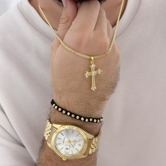 Cadena Tejido Chino de Hombre de 60cm de 3mm + Cruz Cristo Micro Circones  Cristales + Pulseras BalinItaliano de 4mm en  Oro Laminado 18k con Garantia de por vida + Reloj Rolex 1.1