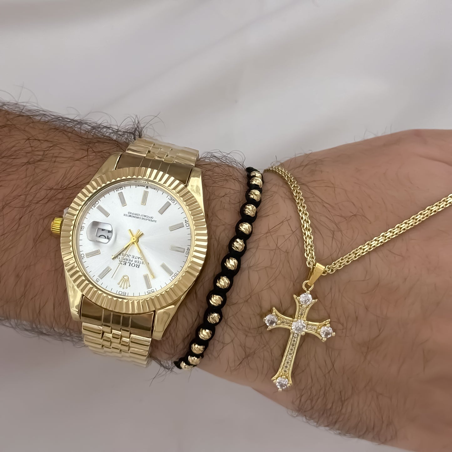 Cadena Tejido Chino de Hombre de 60cm de 3mm + Cruz Cristo Micro Circones  Cristales + Pulseras BalinItaliano de 4mm en  Oro Laminado 18k con Garantia de por vida + Reloj Rolex 1.1